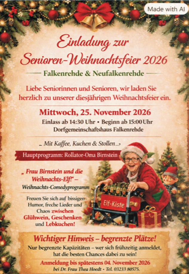 Seniorenweihnachtsfeier am 25.11.2026 ab 15 Uhr
