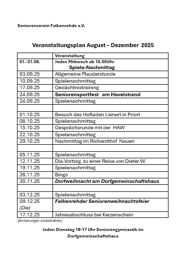 Der Plan des Seniorenvereins für das zweite Halbjahr 2025